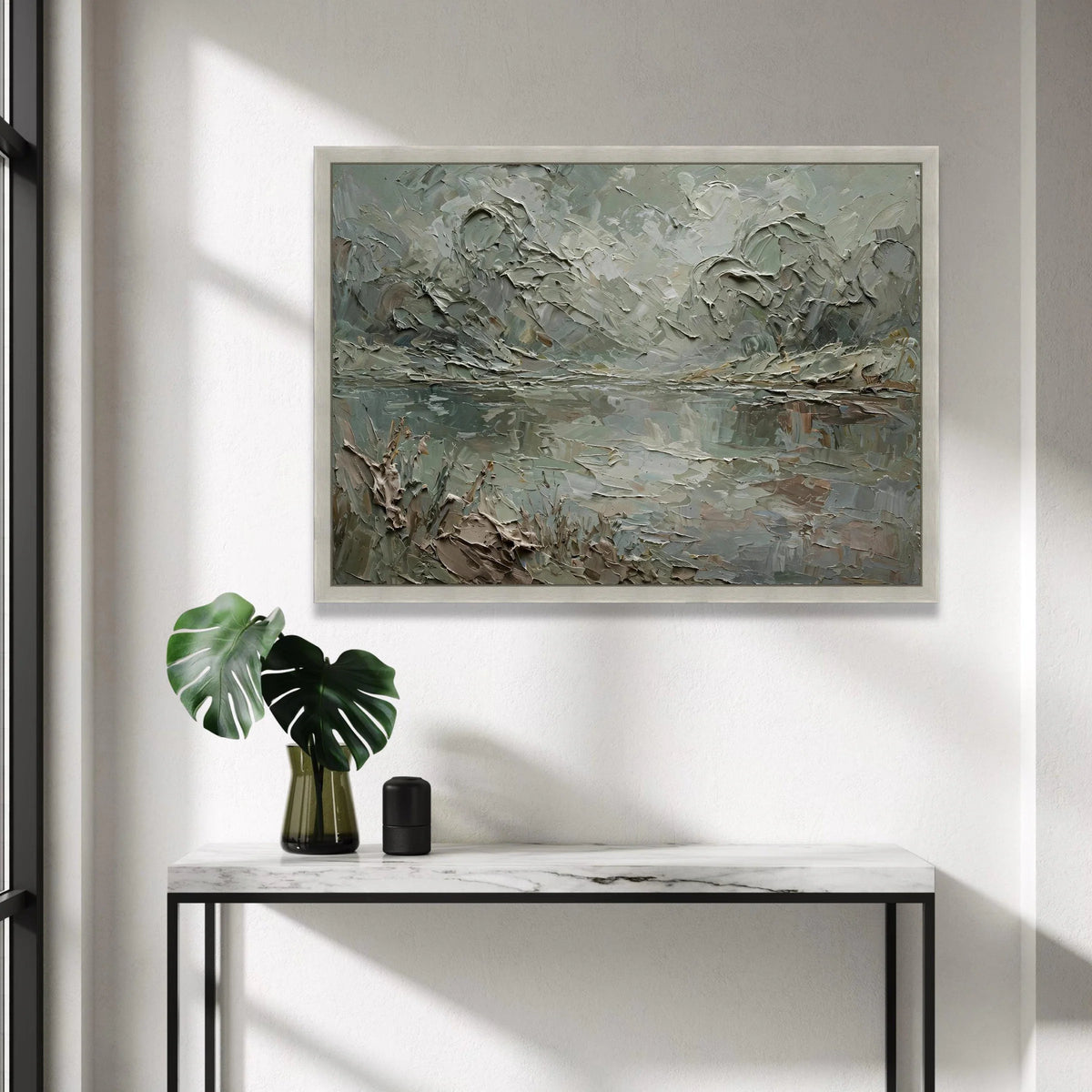Misty Forest Lake Canvas Wall Art, Serene Nature Landscape, Green and Gray Floral Scene, Tranquil Water Reflection, Ready Canvas Print Art