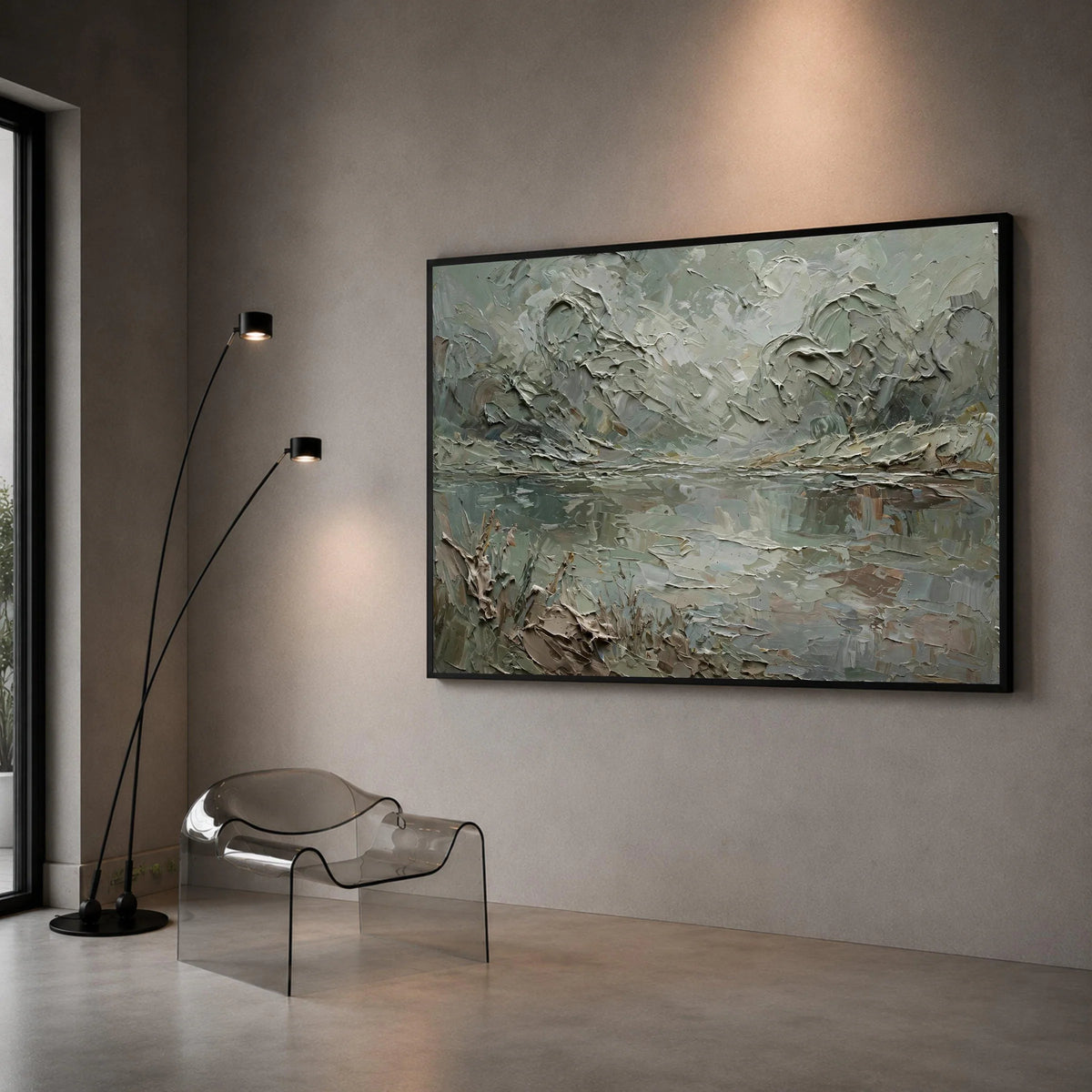 Misty Forest Lake Canvas Wall Art, Serene Nature Landscape, Green and Gray Floral Scene, Tranquil Water Reflection, Ready Canvas Print Art