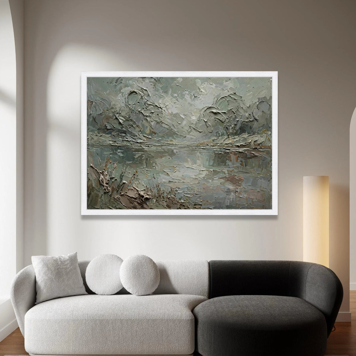 Misty Forest Lake Canvas Wall Art, Serene Nature Landscape, Green and Gray Floral Scene, Tranquil Water Reflection, Ready Canvas Print Art