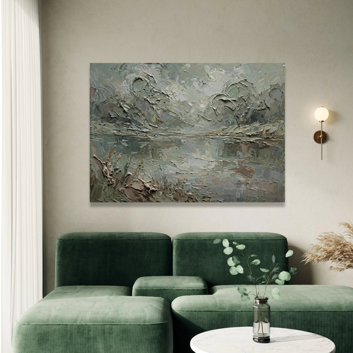 Misty Forest Lake Canvas Wall Art, Serene Nature Landscape, Green and Gray Floral Scene, Tranquil Water Reflection, Ready Canvas Print Art