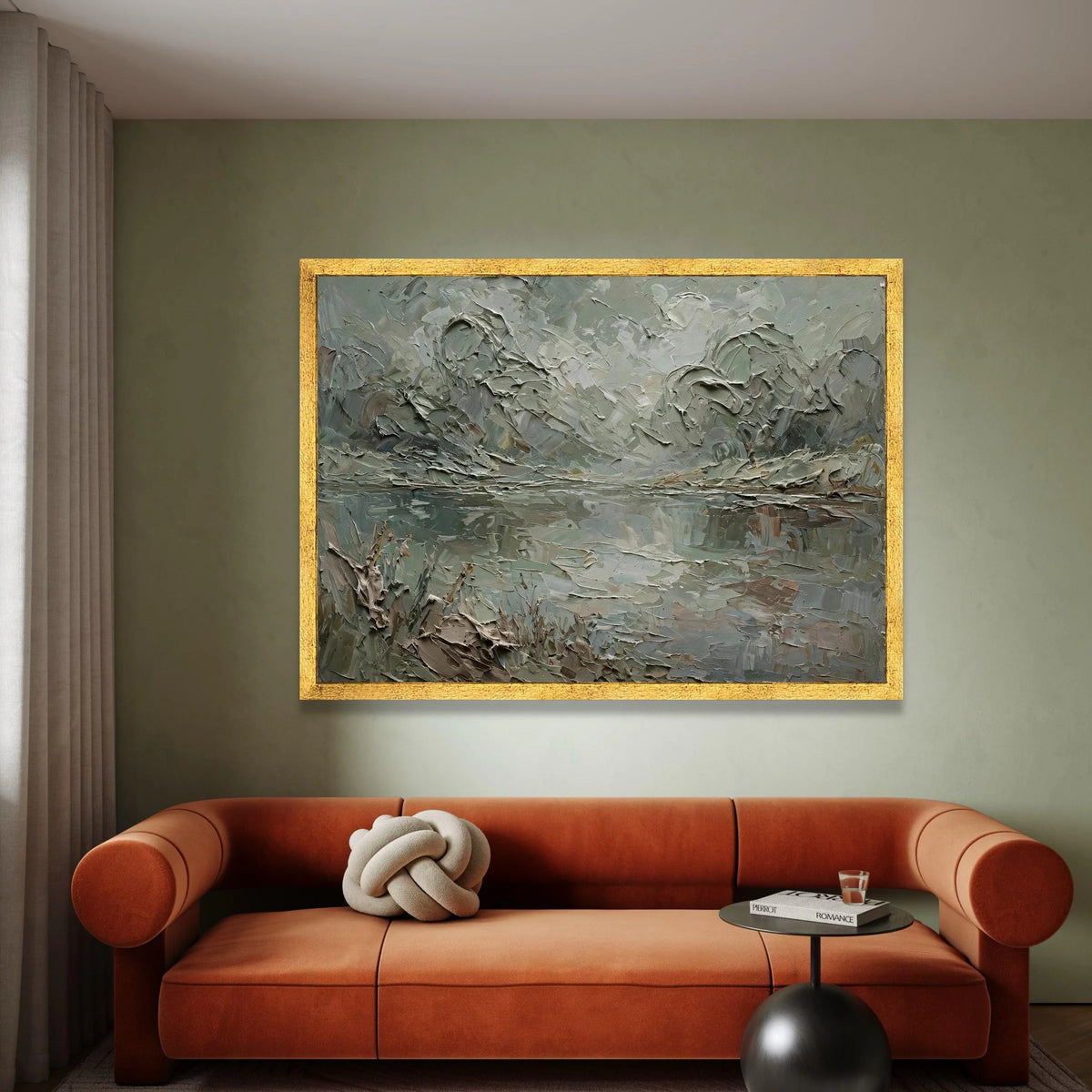 Misty Forest Lake Canvas Wall Art, Serene Nature Landscape, Green and Gray Floral Scene, Tranquil Water Reflection, Ready Canvas Print Art