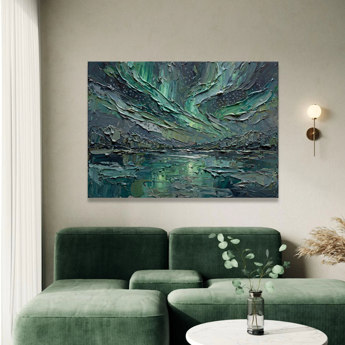 Northern Lights Aurora Canvas, Abstract Night Sky Wall Art, Modern Landscape Canvas, Green Blue Home Decor, Ready to Hang Canvas Print Art