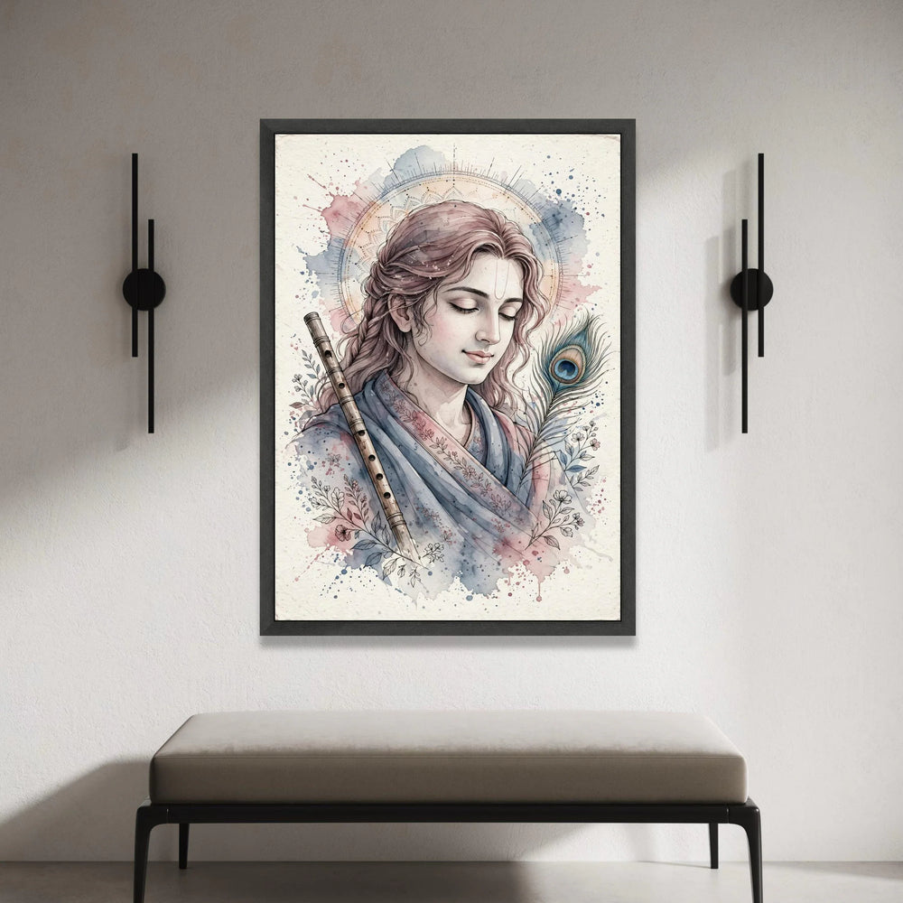 Calm Krishna Portrait Canvas, Spiritual Wall Art, Indian God Illustration, Musical Flute and Peacock Feather, Meditation Canvas Print Art