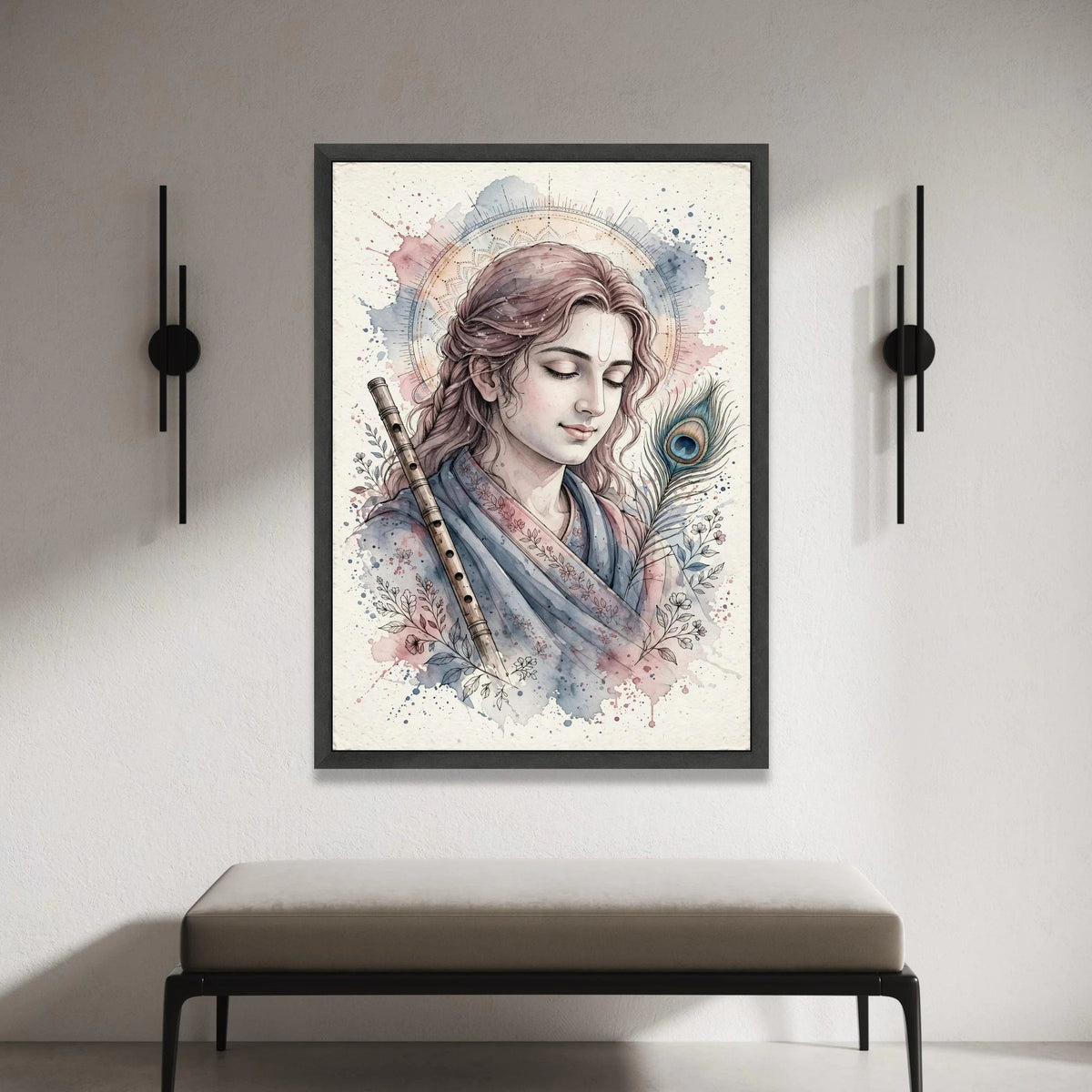 Calm Krishna Portrait Canvas, Spiritual Wall Art, Indian God Illustration, Musical Flute and Peacock Feather, Meditation Canvas Print Art