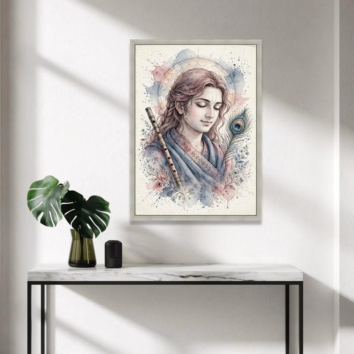 Calm Krishna Portrait Canvas, Spiritual Wall Art, Indian God Illustration, Musical Flute and Peacock Feather, Meditation Canvas Print Art