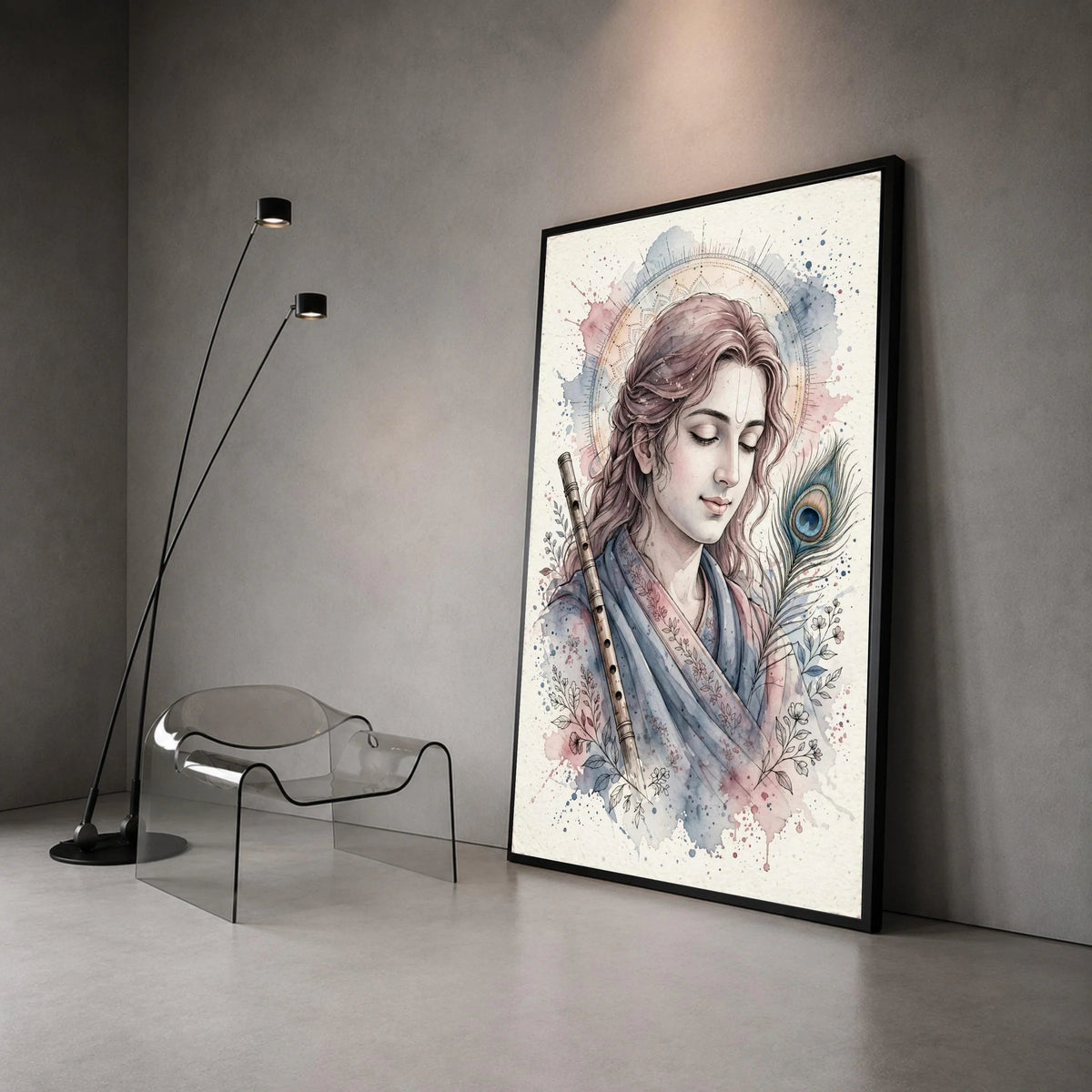 Calm Krishna Portrait Canvas, Spiritual Wall Art, Indian God Illustration, Musical Flute and Peacock Feather, Meditation Canvas Print Art