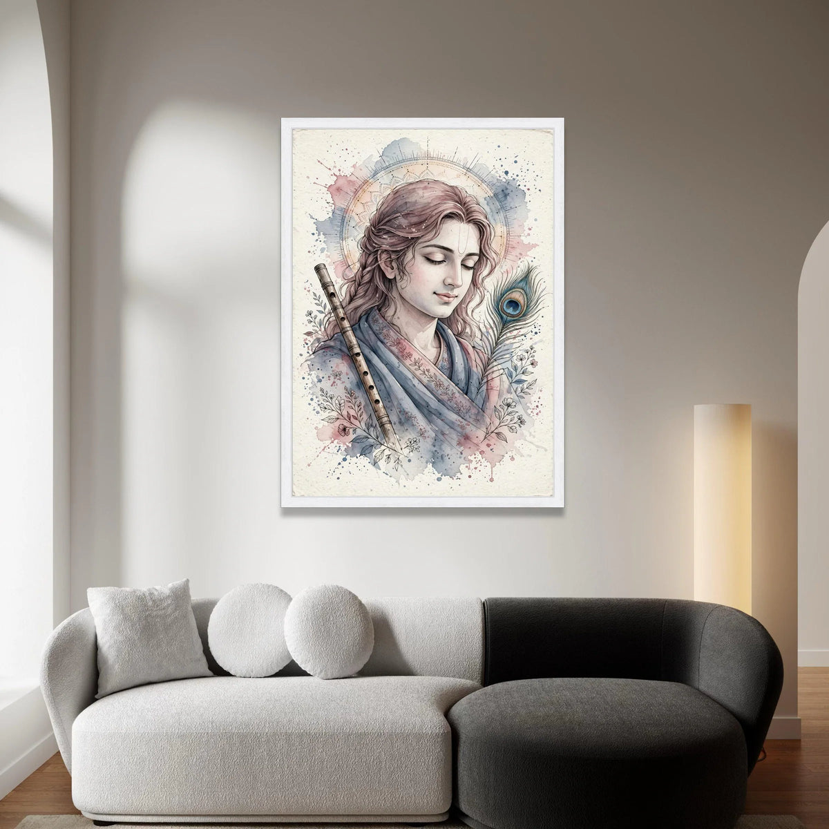 Calm Krishna Portrait Canvas, Spiritual Wall Art, Indian God Illustration, Musical Flute and Peacock Feather, Meditation Canvas Print Art