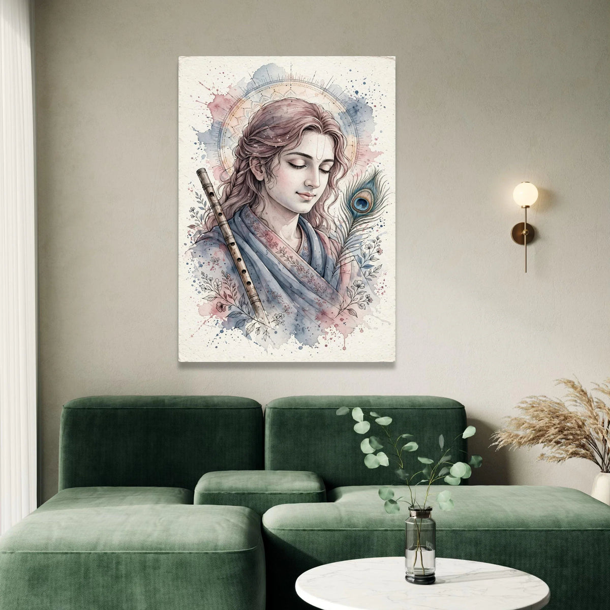 Calm Krishna Portrait Canvas, Spiritual Wall Art, Indian God Illustration, Musical Flute and Peacock Feather, Meditation Canvas Print Art