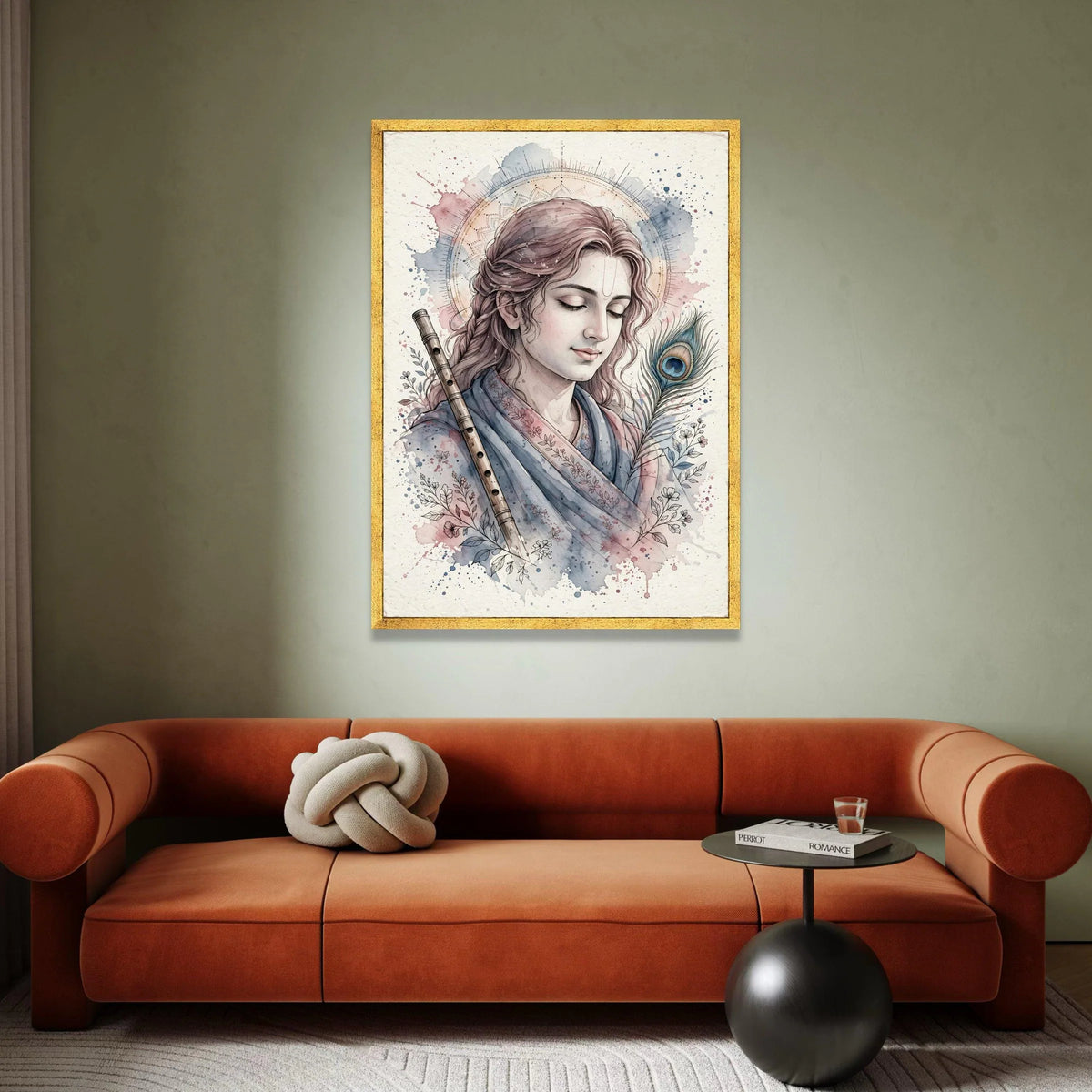 Calm Krishna Portrait Canvas, Spiritual Wall Art, Indian God Illustration, Musical Flute and Peacock Feather, Meditation Canvas Print Art