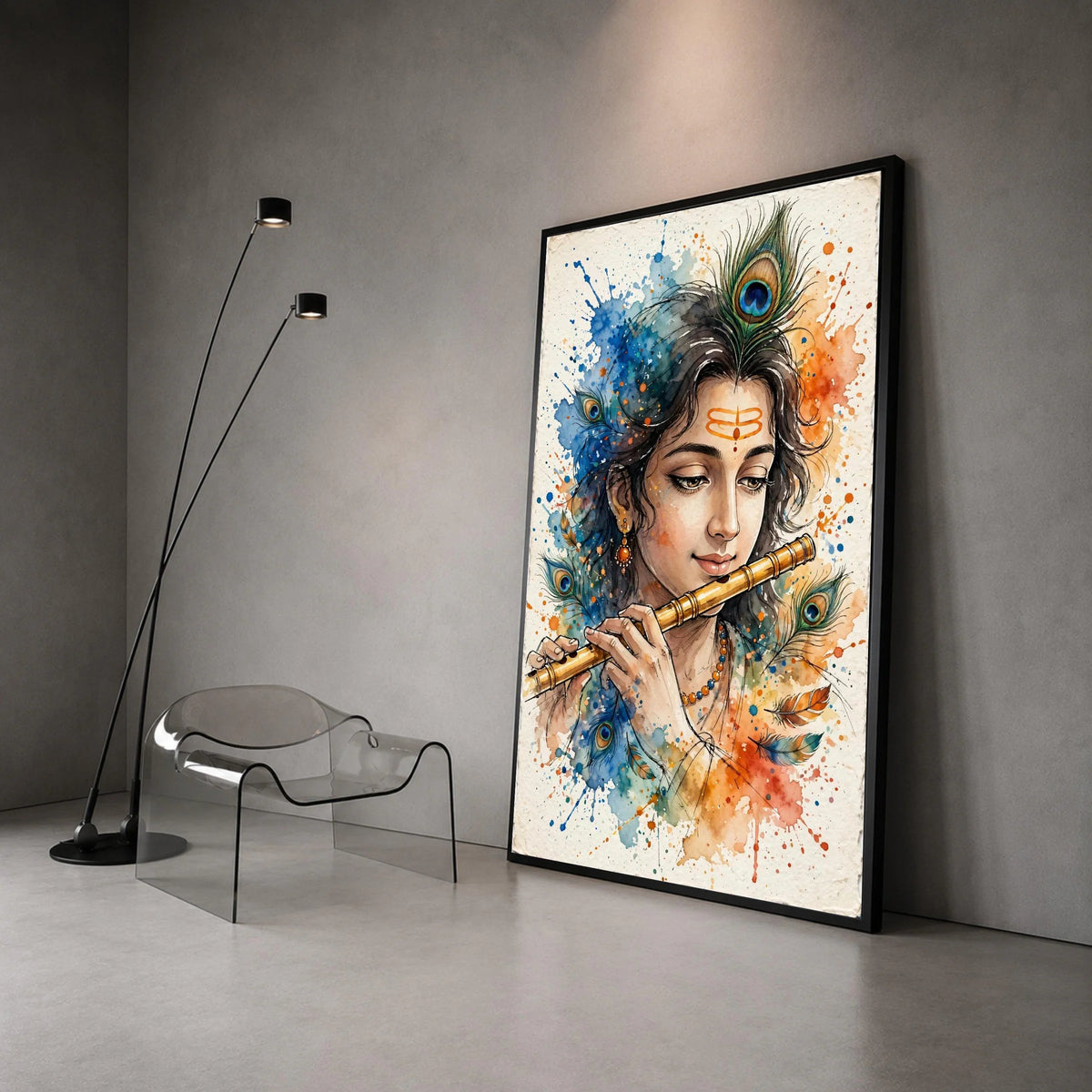 Divine Krishna Playing Flute Canvas, Peacock Feather Art, Spiritual Indian Wall Decoration, Colorful Mythology Canvas, Canvas Print Art