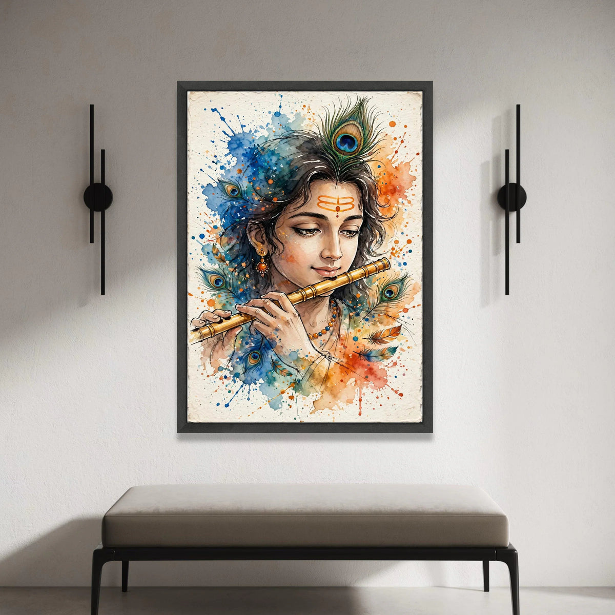 Divine Krishna Playing Flute Canvas, Peacock Feather Art, Spiritual Indian Wall Decoration, Colorful Mythology Canvas, Canvas Print Art