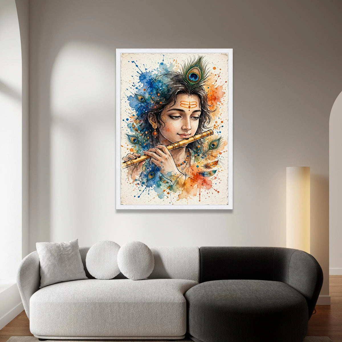 Divine Krishna Playing Flute Canvas, Peacock Feather Art, Spiritual Indian Wall Decoration, Colorful Mythology Canvas, Canvas Print Art