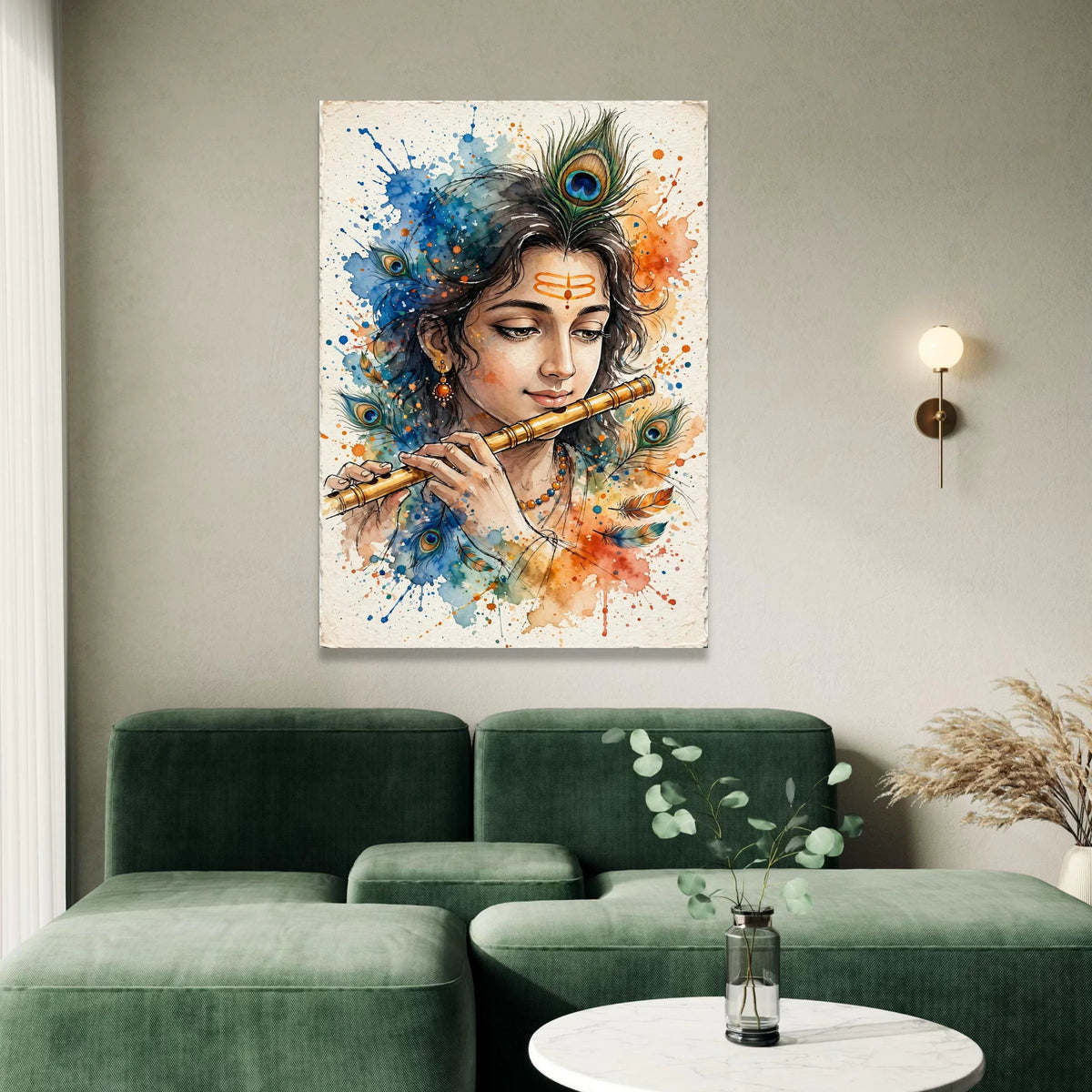 Divine Krishna Playing Flute Canvas, Peacock Feather Art, Spiritual Indian Wall Decoration, Colorful Mythology Canvas, Canvas Print Art