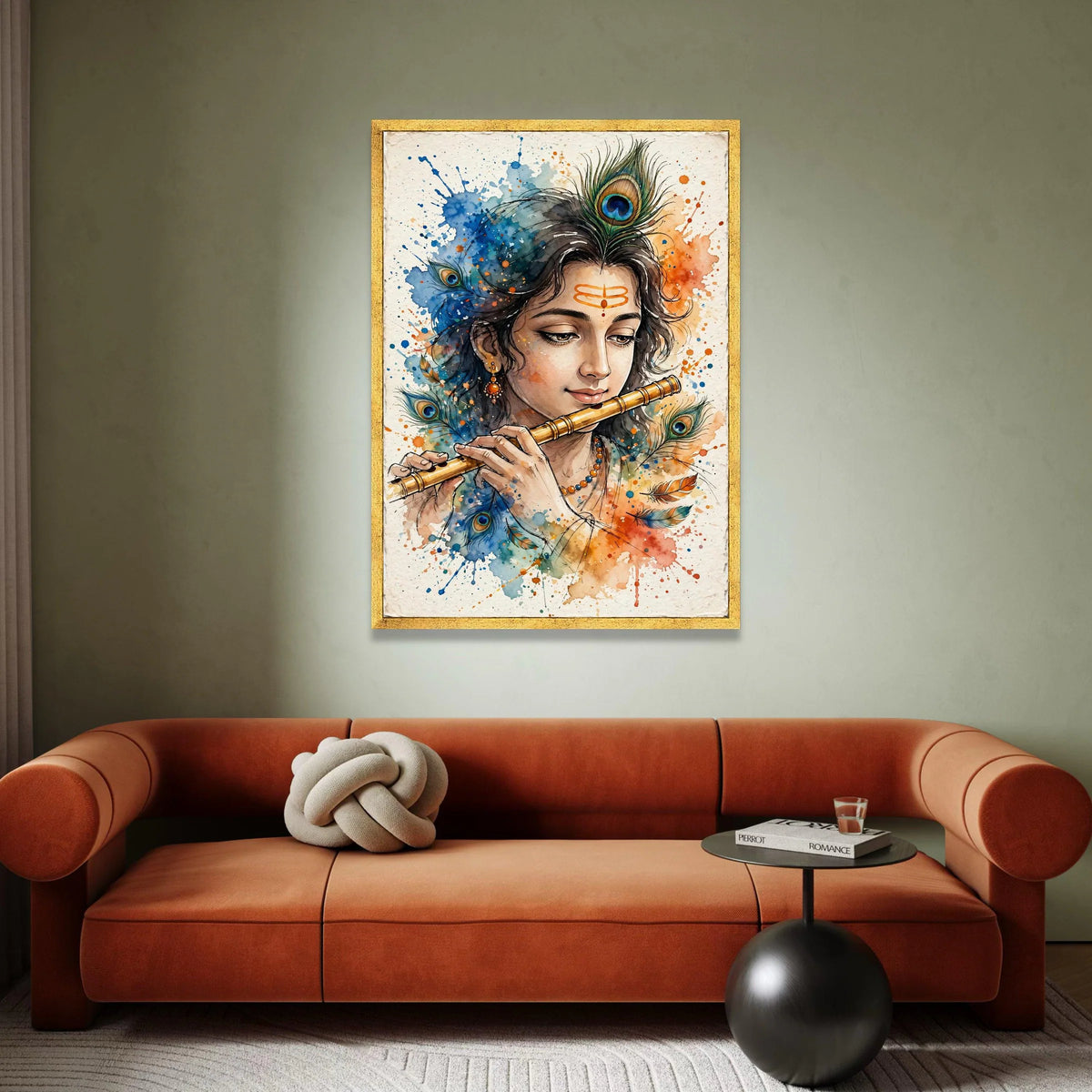 Divine Krishna Playing Flute Canvas, Peacock Feather Art, Spiritual Indian Wall Decoration, Colorful Mythology Canvas, Canvas Print Art