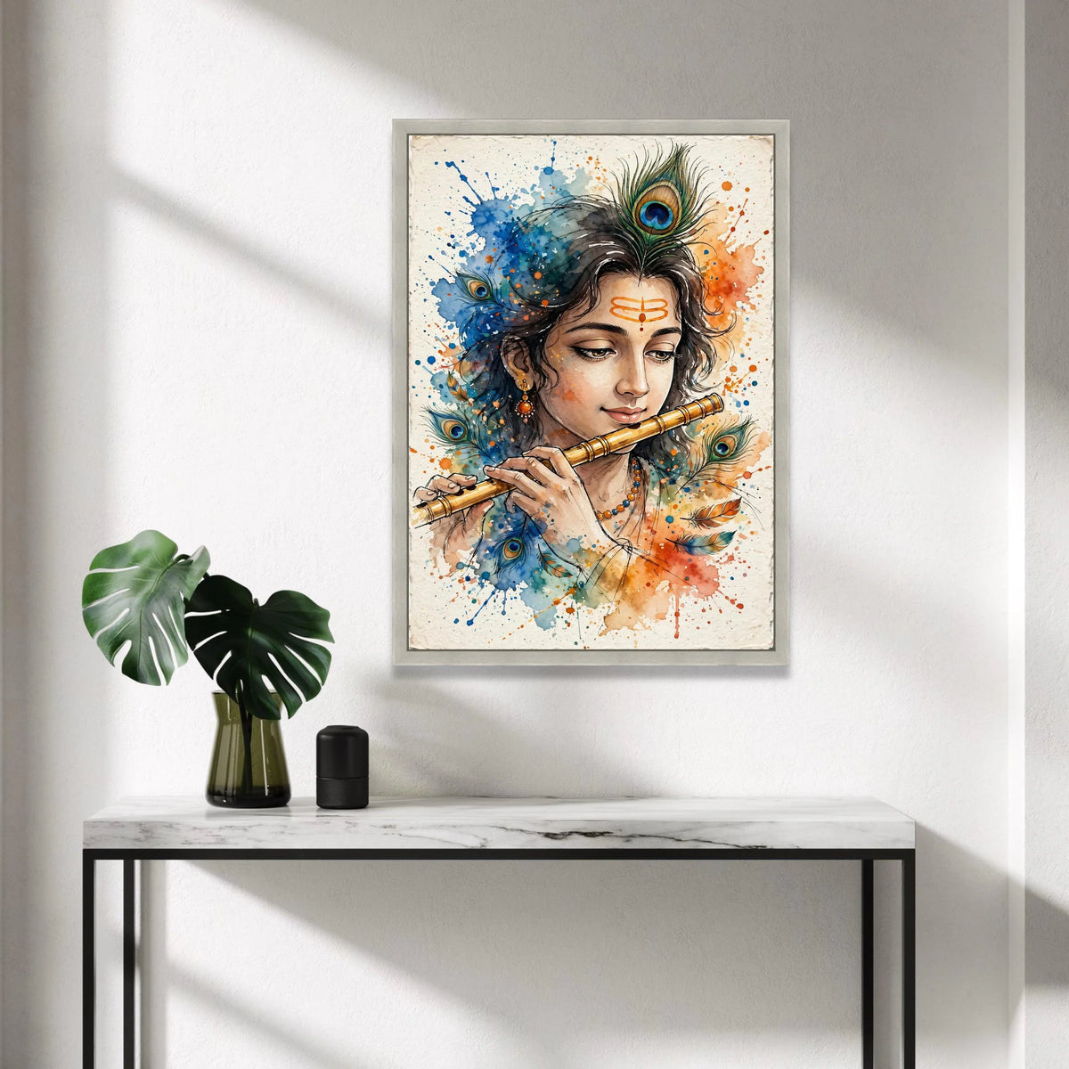 Divine Krishna Playing Flute Canvas, Peacock Feather Art, Spiritual Indian Wall Decoration, Colorful Mythology Canvas, Canvas Print Art