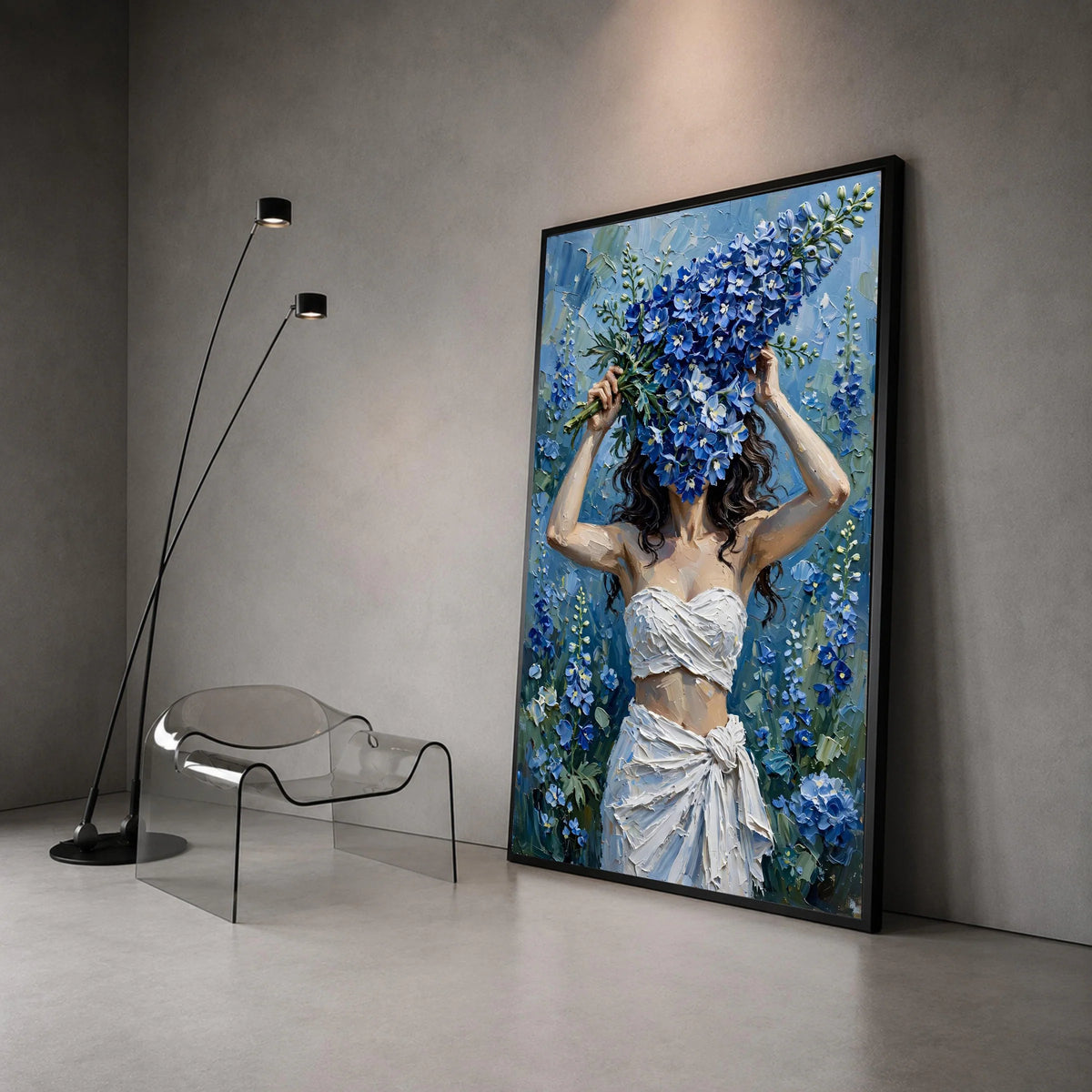 Woman with Blue Floral Bouquet Canvas, Contemporary Flower Art, Nature Wall Art, Elegant Home Decor Canvas, Botanical Canvas Print Art