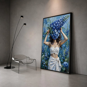 Woman with Blue Floral Bouquet Canvas, Contemporary Flower Art, Nature Wall Art, Elegant Home Decor Canvas, Botanical Canvas Print Art