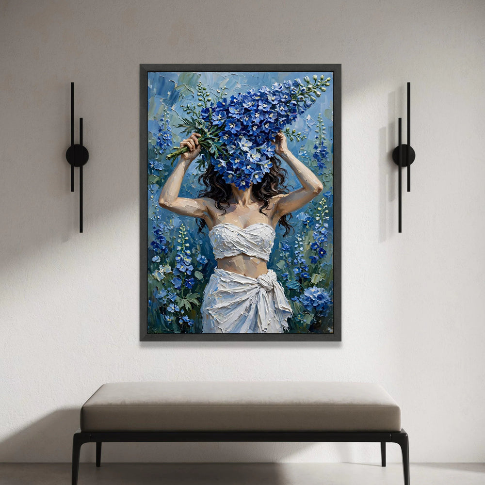 Woman with Blue Floral Bouquet Canvas, Contemporary Flower Art, Nature Wall Art, Elegant Home Decor Canvas, Botanical Canvas Print Art