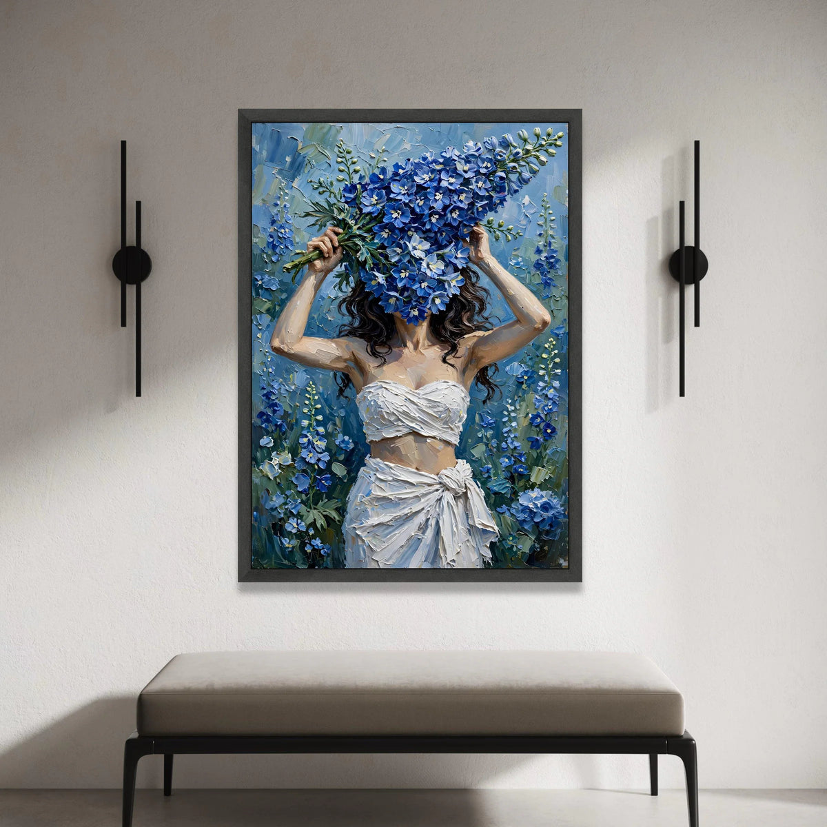 Woman with Blue Floral Bouquet Canvas, Contemporary Flower Art, Nature Wall Art, Elegant Home Decor Canvas, Botanical Canvas Print Art