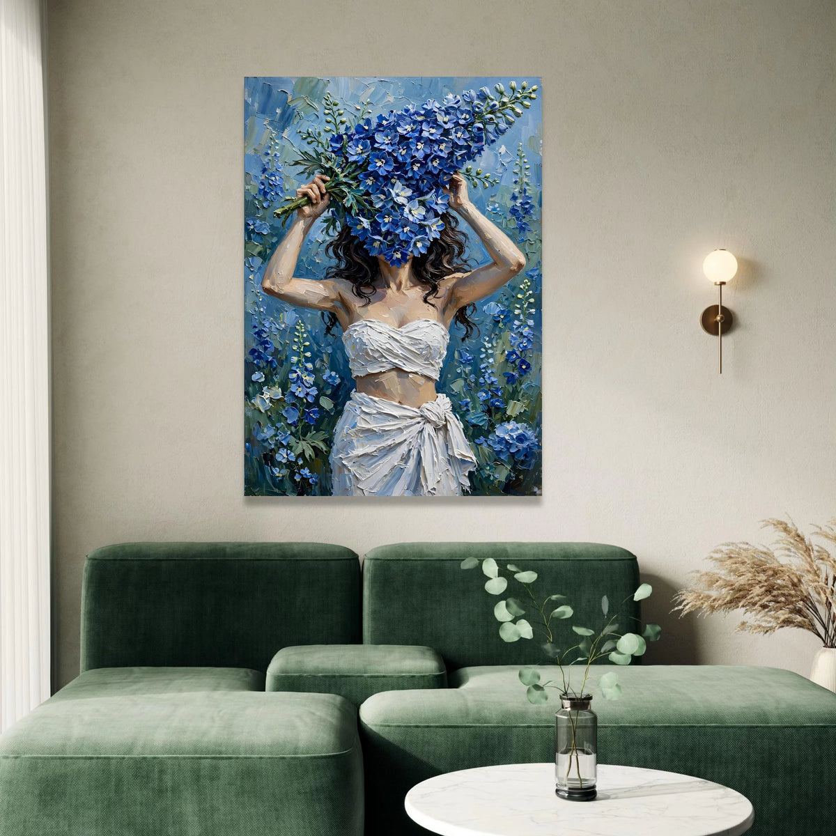 Woman with Blue Floral Bouquet Canvas, Contemporary Flower Art, Nature Wall Art, Elegant Home Decor Canvas, Botanical Canvas Print Art