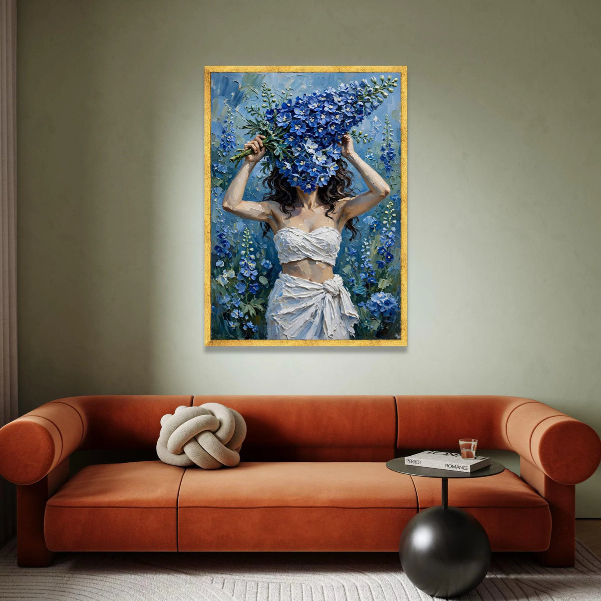 Woman with Blue Floral Bouquet Canvas, Contemporary Flower Art, Nature Wall Art, Elegant Home Decor Canvas, Botanical Canvas Print Art