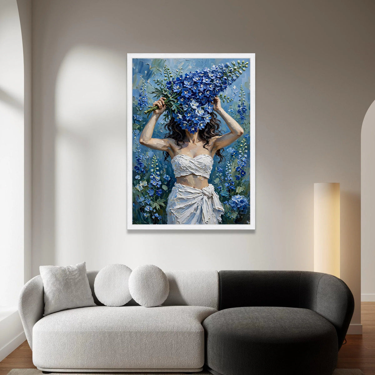 Woman with Blue Floral Bouquet Canvas, Contemporary Flower Art, Nature Wall Art, Elegant Home Decor Canvas, Botanical Canvas Print Art