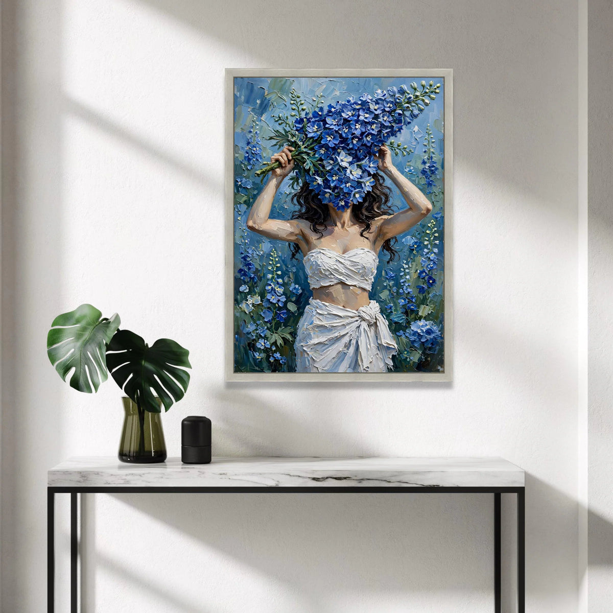 Woman with Blue Floral Bouquet Canvas, Contemporary Flower Art, Nature Wall Art, Elegant Home Decor Canvas, Botanical Canvas Print Art