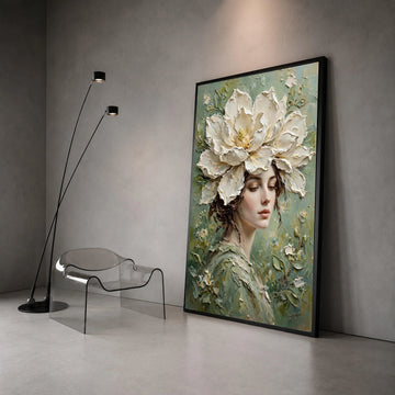 Elegant Woman with Large White Flower Headpiece Canvas, Floral Portrait Wall Art, Botanical Female Face Canvas, Soft Green Canvas Print Art