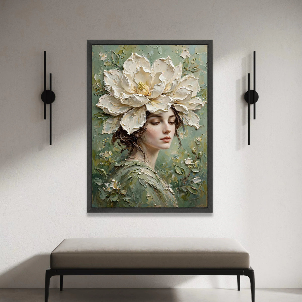 Elegant Woman with Large White Flower Headpiece Canvas, Floral Portrait Wall Art, Botanical Female Face Canvas, Soft Green Canvas Print Art