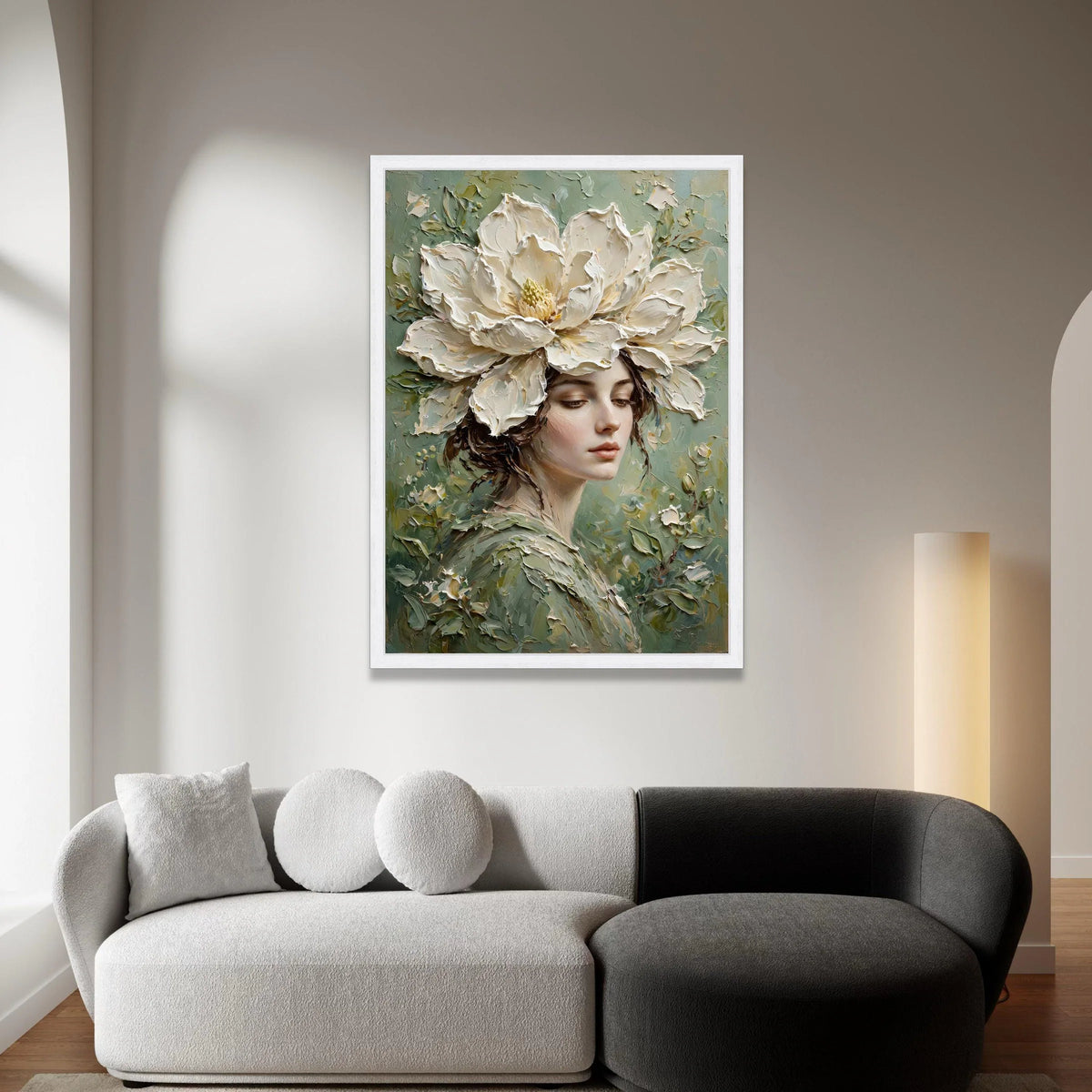Elegant Woman with Large White Flower Headpiece Canvas, Floral Portrait Wall Art, Botanical Female Face Canvas, Soft Green Canvas Print Art