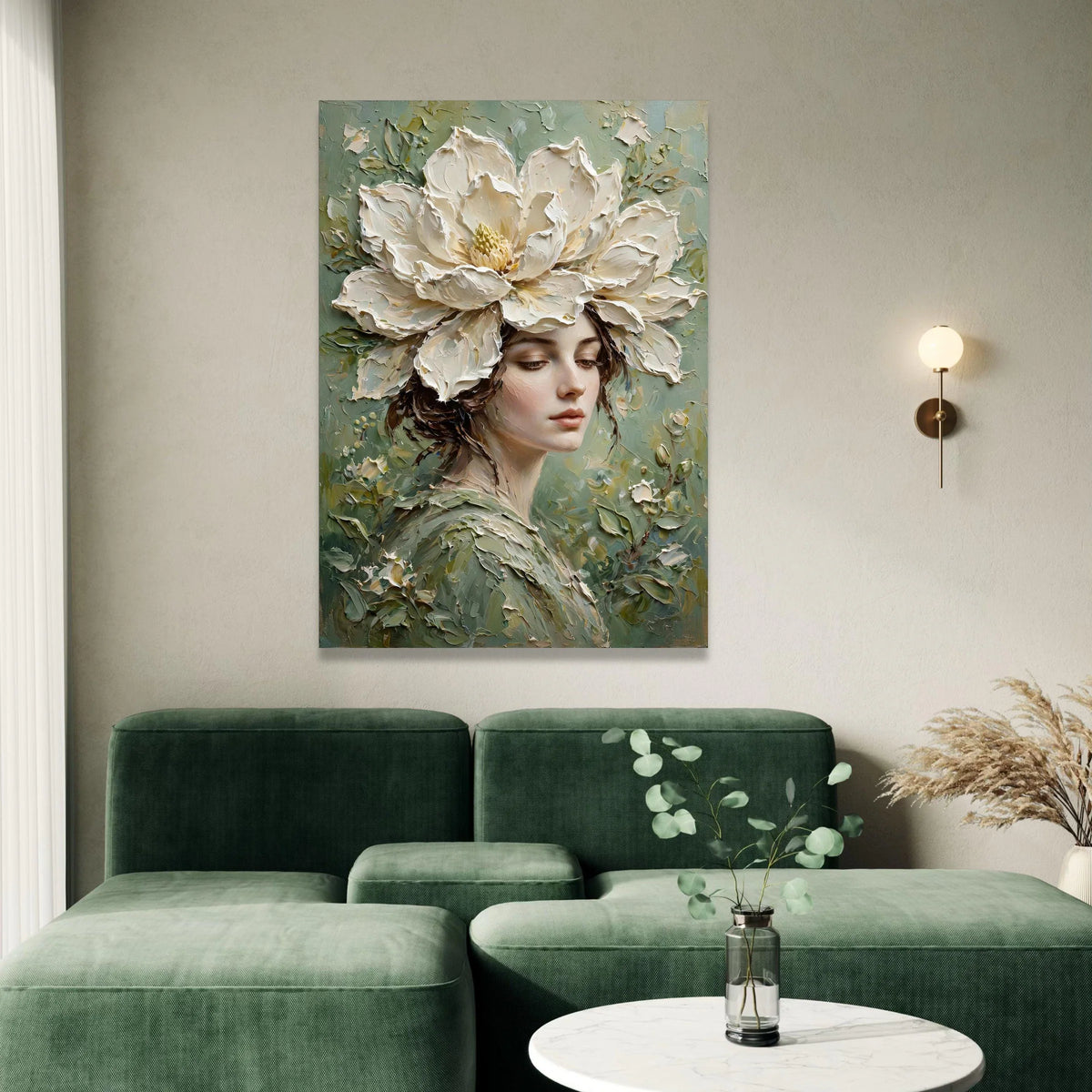 Elegant Woman with Large White Flower Headpiece Canvas, Floral Portrait Wall Art, Botanical Female Face Canvas, Soft Green Canvas Print Art