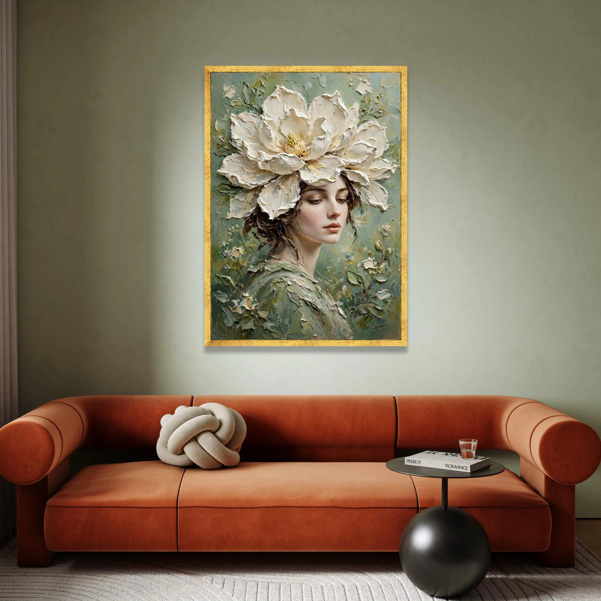 Elegant Woman with Large White Flower Headpiece Canvas, Floral Portrait Wall Art, Botanical Female Face Canvas, Soft Green Canvas Print Art