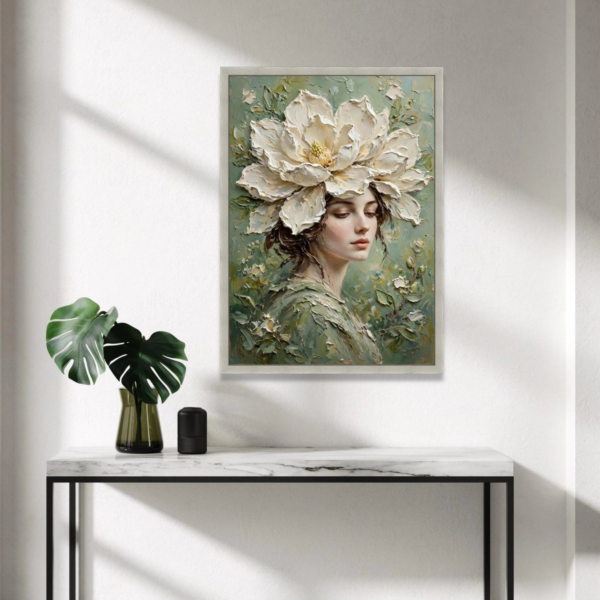 Elegant Woman with Large White Flower Headpiece Canvas, Floral Portrait Wall Art, Botanical Female Face Canvas, Soft Green Canvas Print Art