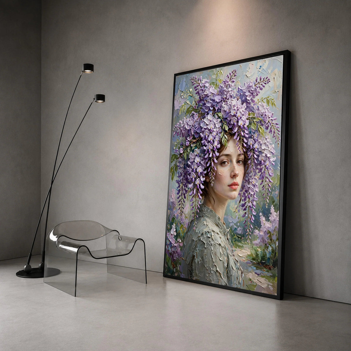 Elegant Woman Portrait with Wisteria Flowers Canvas, Floral Headpiece Wall Art, Romantic Home Decoration, Soft Pastel Color Canvas Print Art