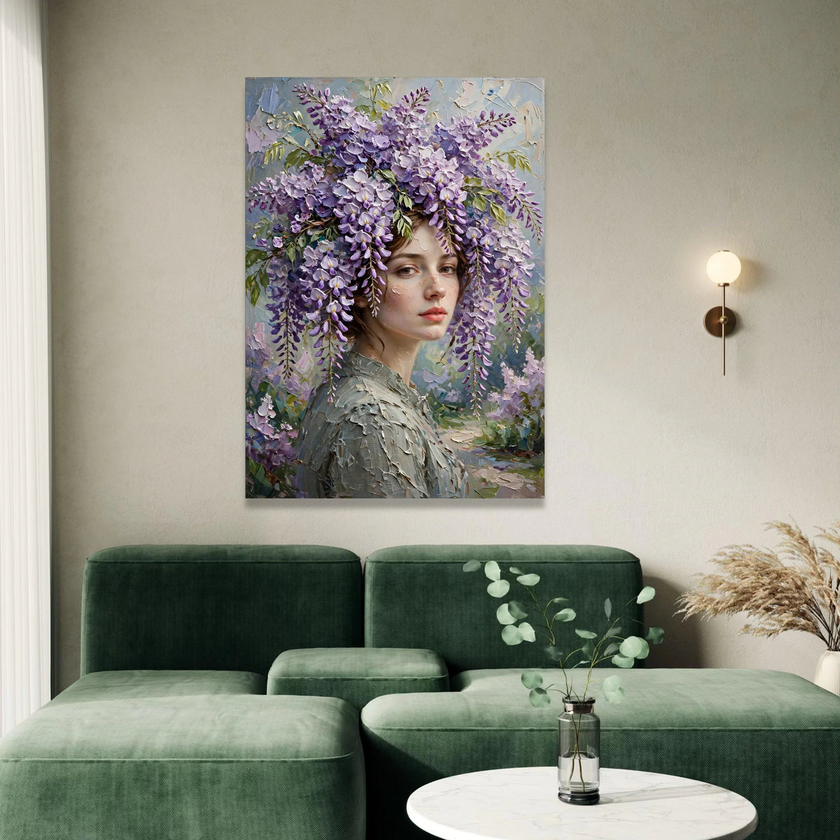 Elegant Woman Portrait with Wisteria Flowers Canvas, Floral Headpiece Wall Art, Romantic Home Decoration, Soft Pastel Color Canvas Print Art