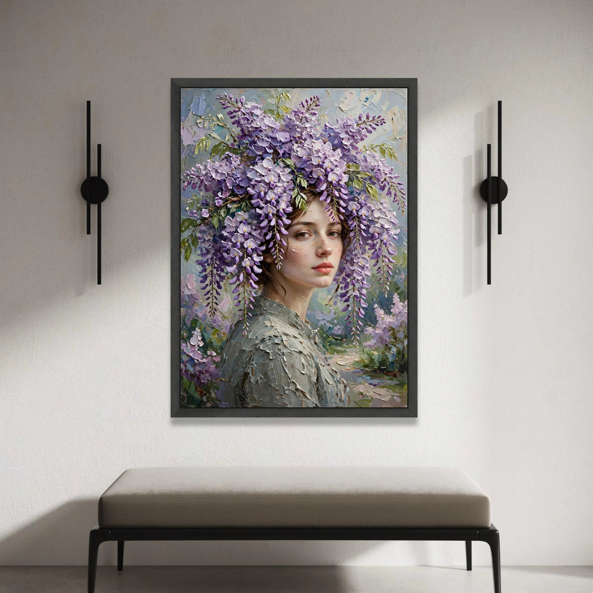 Elegant Woman Portrait with Wisteria Flowers Canvas, Floral Headpiece Wall Art, Romantic Home Decoration, Soft Pastel Color Canvas Print Art