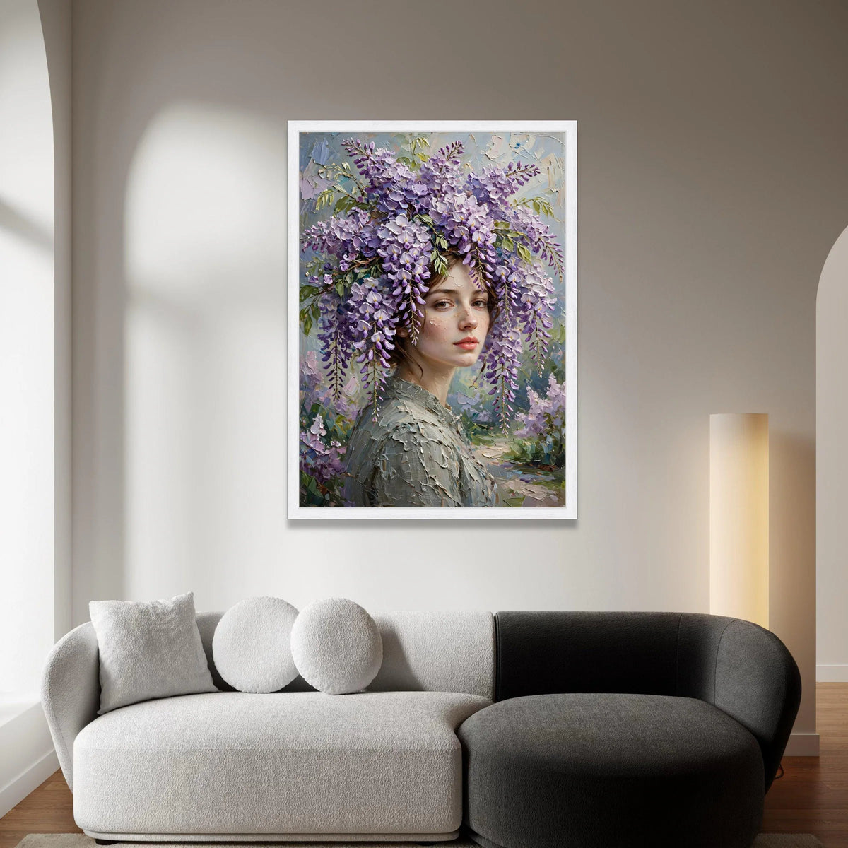 Elegant Woman Portrait with Wisteria Flowers Canvas, Floral Headpiece Wall Art, Romantic Home Decoration, Soft Pastel Color Canvas Print Art