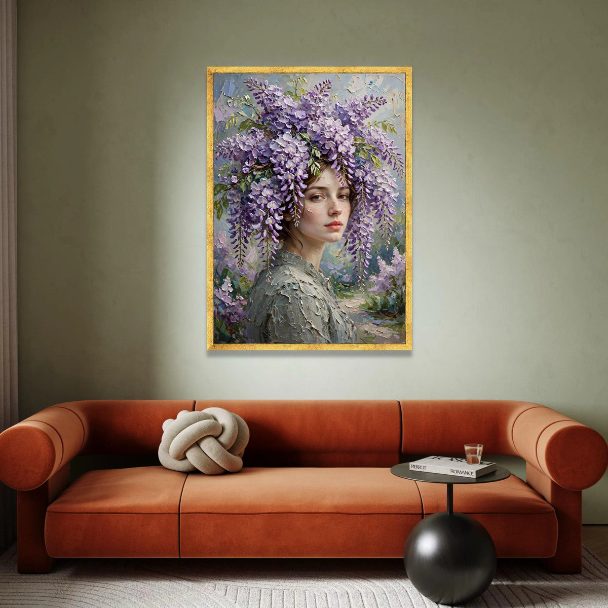 Elegant Woman Portrait with Wisteria Flowers Canvas, Floral Headpiece Wall Art, Romantic Home Decoration, Soft Pastel Color Canvas Print Art
