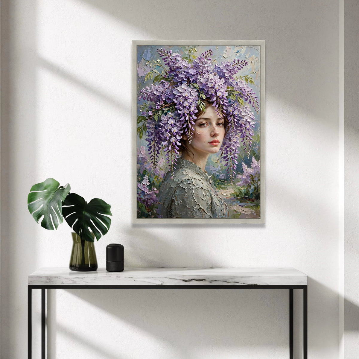 Elegant Woman Portrait with Wisteria Flowers Canvas, Floral Headpiece Wall Art, Romantic Home Decoration, Soft Pastel Color Canvas Print Art
