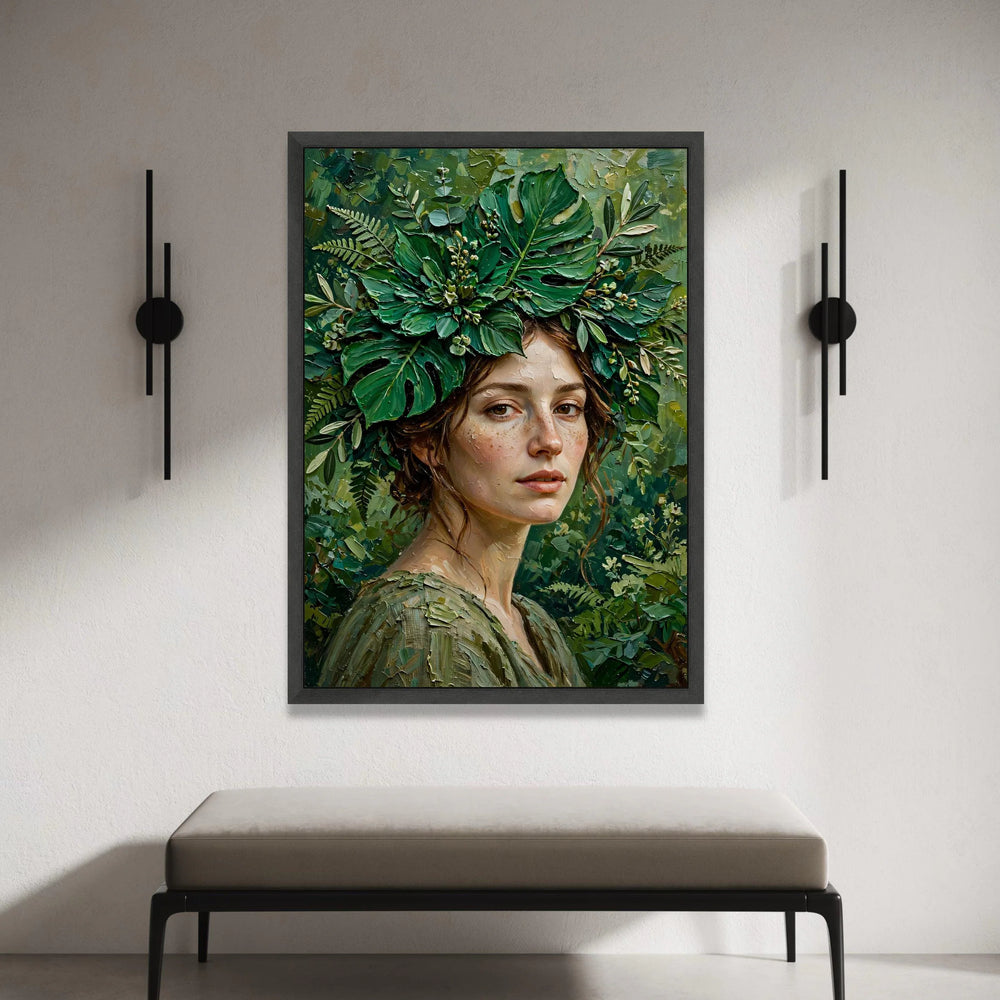 Enchanting Greenery Portrait Canvas, Woman with Leaves Crown, Botanical Face Art, Nature Wall Decor, Unique Canvas Wall Art Canvas Print Art