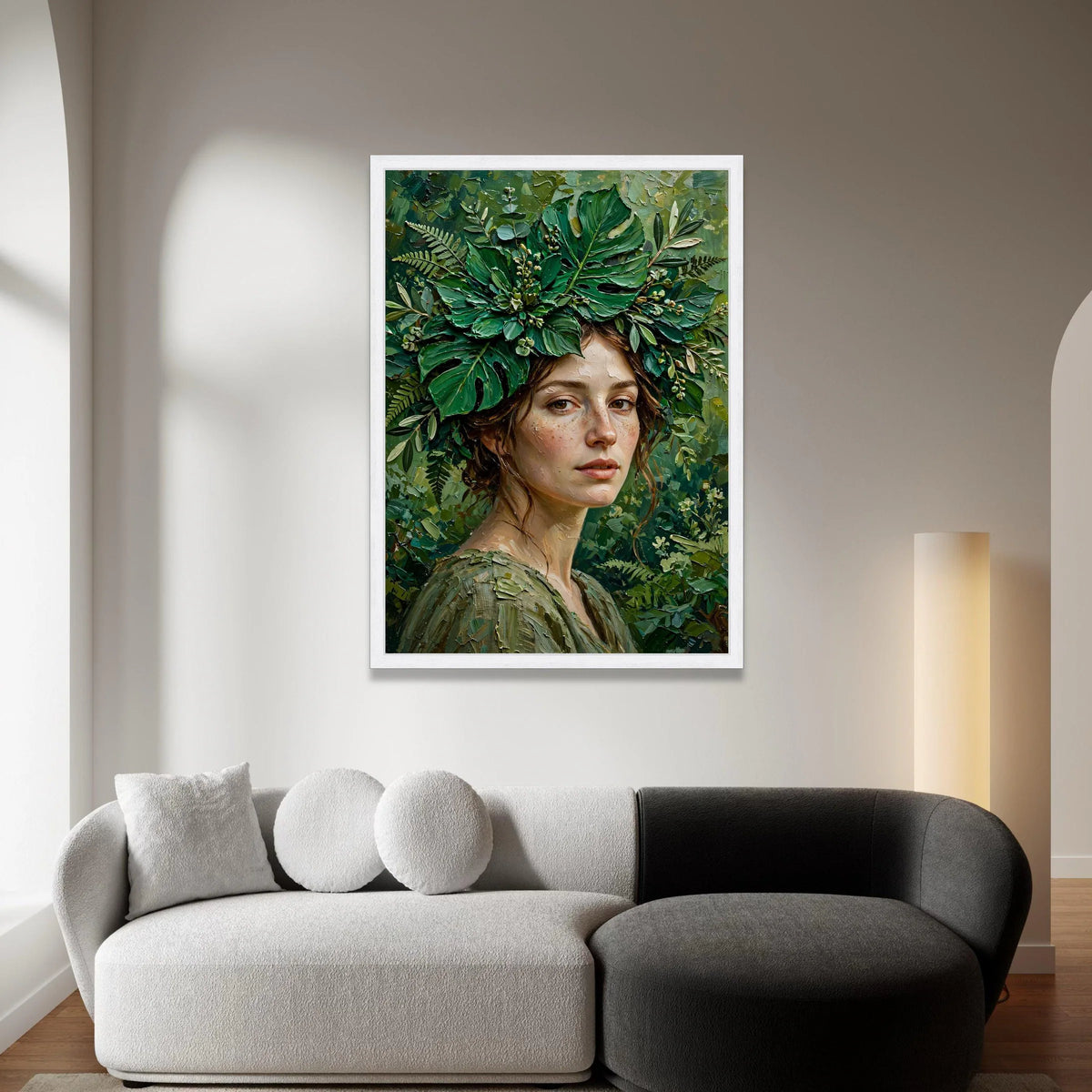 Enchanting Greenery Portrait Canvas, Woman with Leaves Crown, Botanical Face Art, Nature Wall Decor, Unique Canvas Wall Art Canvas Print Art