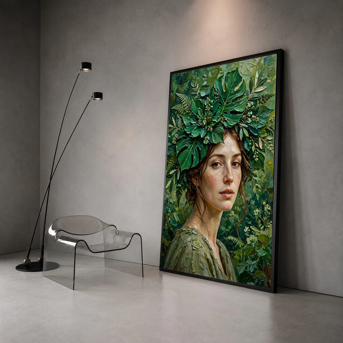 Enchanting Greenery Portrait Canvas, Woman with Leaves Crown, Botanical Face Art, Nature Wall Decor, Unique Canvas Wall Art Canvas Print Art