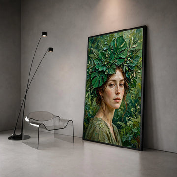 Enchanting Greenery Portrait Canvas, Woman with Leaves Crown, Botanical Face Art, Nature Wall Decor, Unique Canvas Wall Art Canvas Print Art