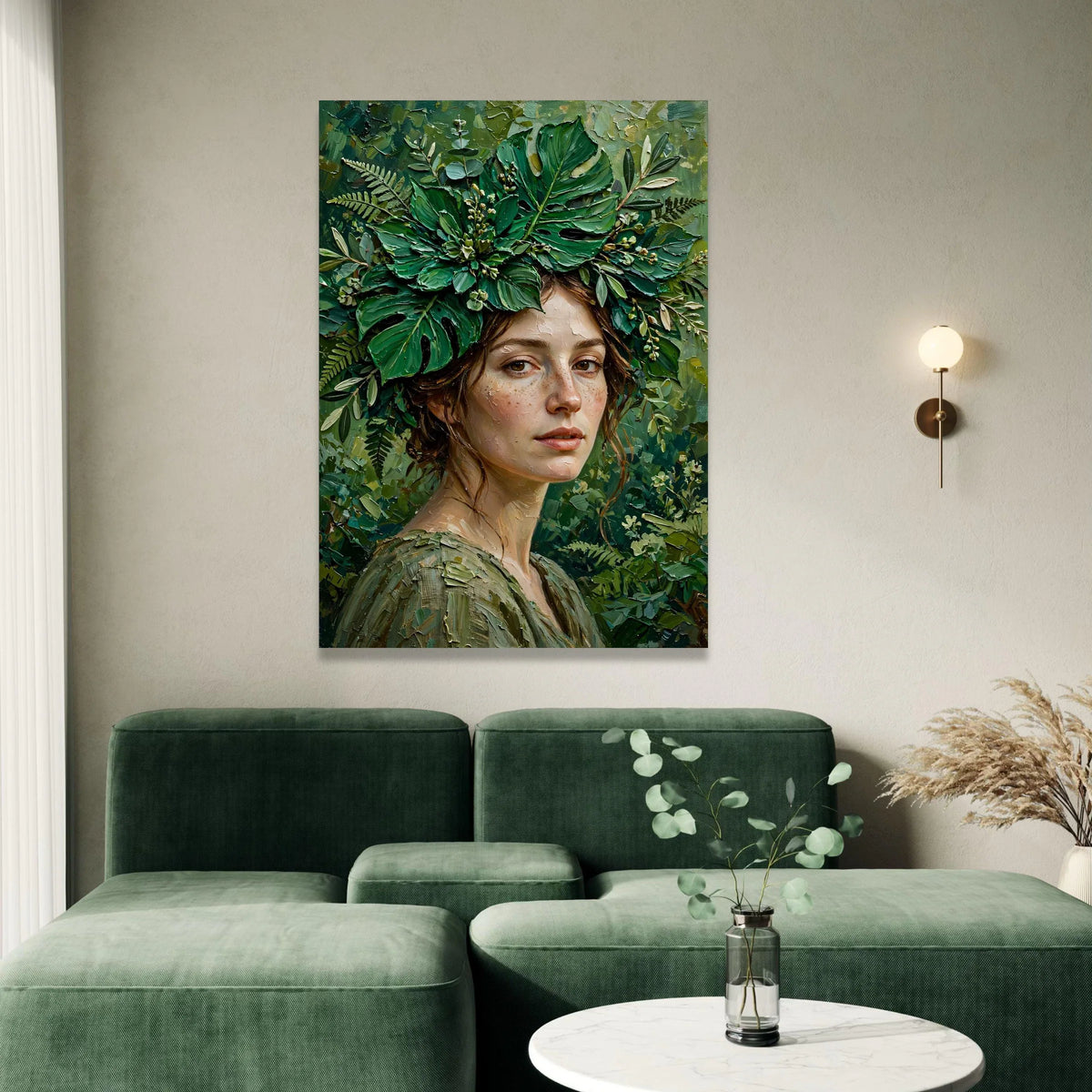 Enchanting Greenery Portrait Canvas, Woman with Leaves Crown, Botanical Face Art, Nature Wall Decor, Unique Canvas Wall Art Canvas Print Art