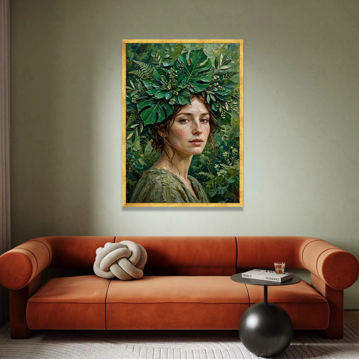 Enchanting Greenery Portrait Canvas, Woman with Leaves Crown, Botanical Face Art, Nature Wall Decor, Unique Canvas Wall Art Canvas Print Art