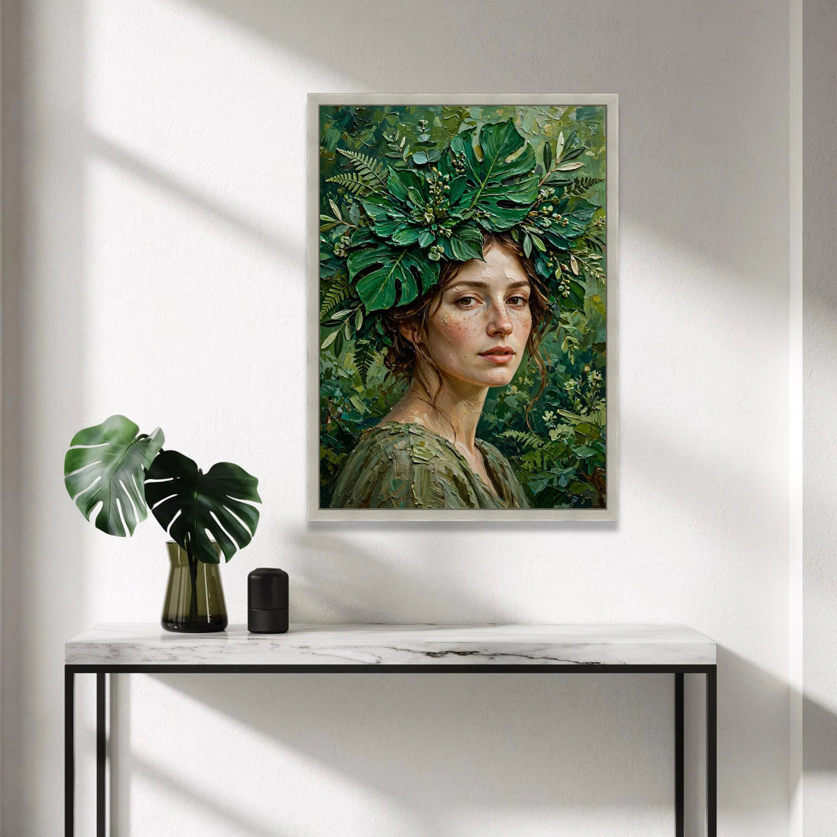 Enchanting Greenery Portrait Canvas, Woman with Leaves Crown, Botanical Face Art, Nature Wall Decor, Unique Canvas Wall Art Canvas Print Art
