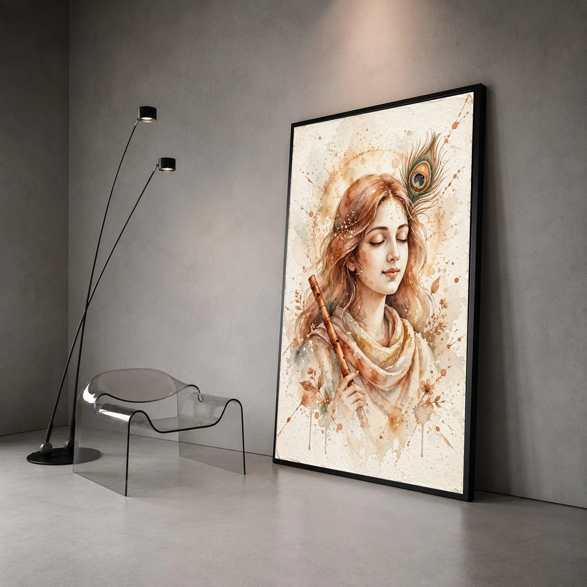 Serene Flute Player Canvas Wall Art, Bohemian Woman Portrait, Soft Earth Tone Decor, Musical Instrument Artwork, Peaceful Canvas Print Art