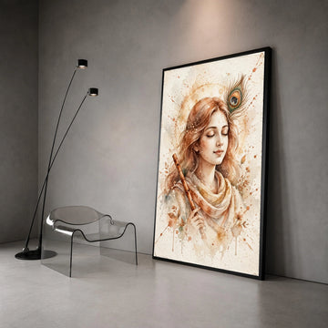 Serene Flute Player Canvas Wall Art, Bohemian Woman Portrait, Soft Earth Tone Decor, Musical Instrument Artwork, Peaceful Canvas Print Art