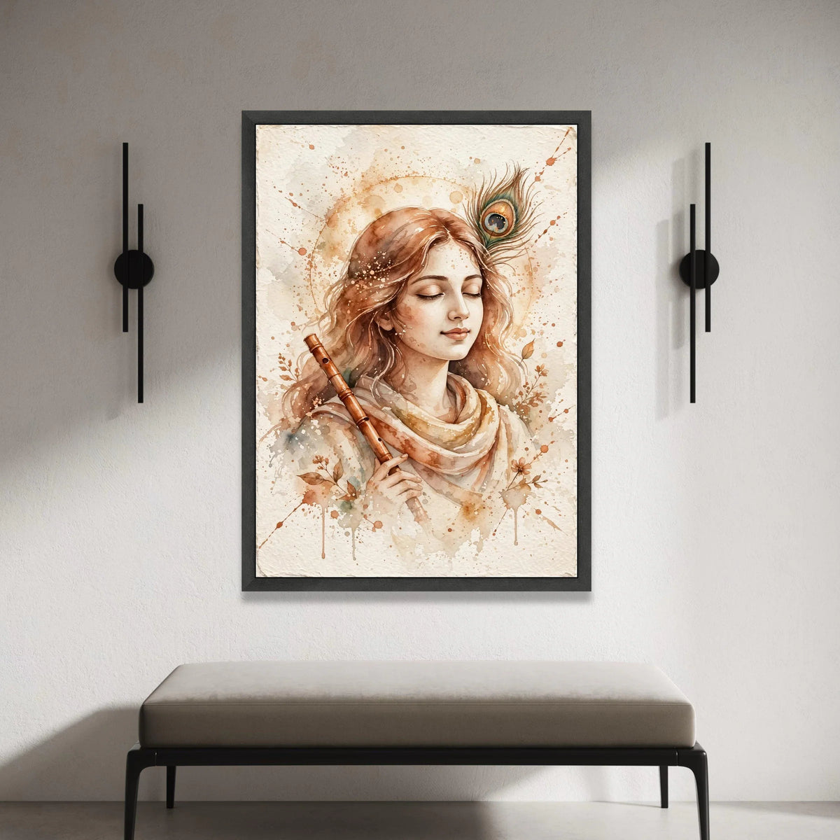 Serene Flute Player Canvas Wall Art, Bohemian Woman Portrait, Soft Earth Tone Decor, Musical Instrument Artwork, Peaceful Canvas Print Art