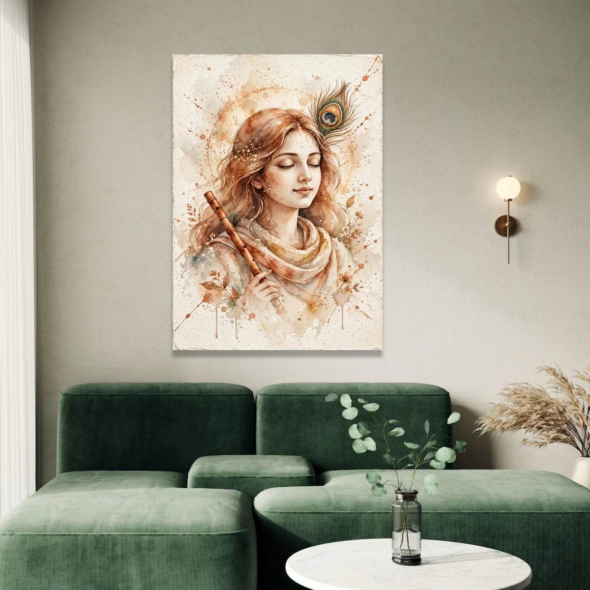 Serene Flute Player Canvas Wall Art, Bohemian Woman Portrait, Soft Earth Tone Decor, Musical Instrument Artwork, Peaceful Canvas Print Art